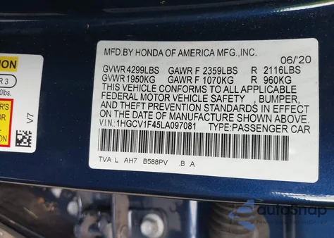 2020 Honda Accord Ex из США, поврежденный, VIN 1HGCV1F45LA097081